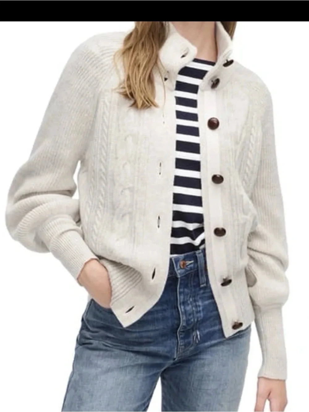 J Crew Balloon Sleeve Cable Knit Cardigan In Heather Oatmeal Beige XXS Lambswool